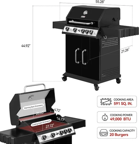 Vista 2 de SG5003H - Parrilla de gas de 4 quemadores con quemador lateral con tapa, parrilla de gas propano estilo gabinete, salida de 49,000 BTU para patio al