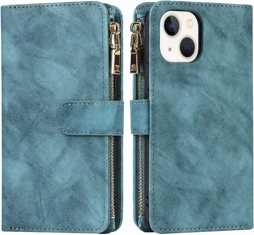 Vista 7 de Funda para iPhone 13/14 con tarjetero para mujeres y hombres, con soporte para iPhone 14 con correa de hombro, funda de piel con cremallera y Cordón