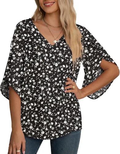 Vista 11 de Blusas de gasa con mangas 3/4 arrugadas de otoño para mujer de Jouica 01amy Verde
