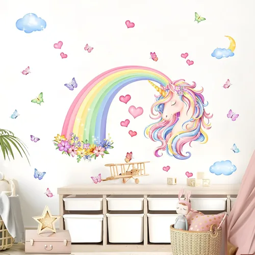 Vista 6 de Calcomanías de pared de unicornio arco iris, flores, mariposas, nubes, corazones, unicornio, calcomanías de pared de bebé, guardería, dormitorio