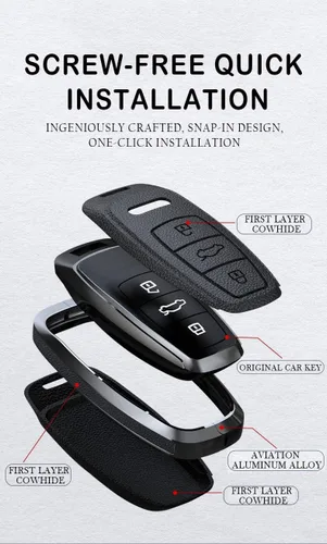 Vista 4 de ontto Funda de cuero para llavero con control remoto, protección completa para Audi A4 Q7 Q5 TT A3 A6 (negro, tipo A)
