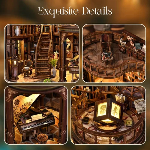 Vista 5 de Kit de rincón de libros, rompecabezas de madera 3D en miniatura, sujetalibros con luz LED, decoración de estantería de flor de cerezo para libros