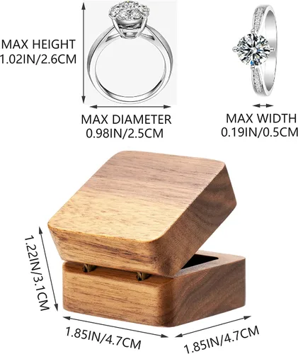 Vista 2 de COSISO Caja de regalo para anillo de compromiso de madera de nogal, caja de almacenamiento para propuesta de cumpleaños (interior negro)