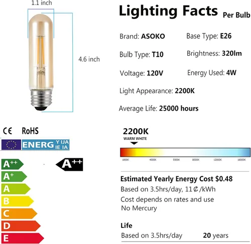 Vista 3 de Bombillas LED T10 de 2200 K blanco cálido, bombillas Edison tubulares de color ámbar de 4 W, base media E26, equivalente a 40 vatios, tubo