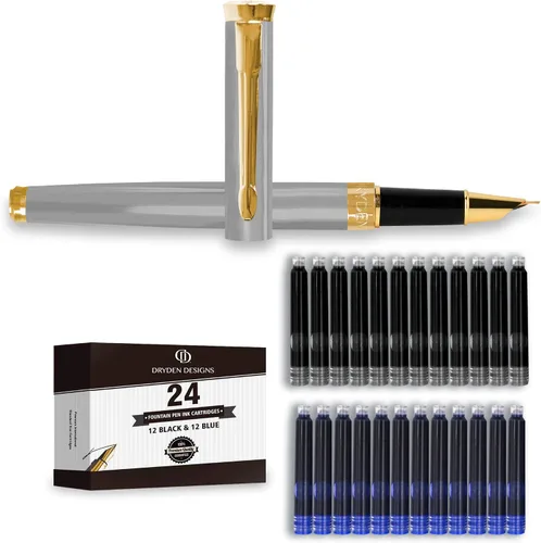 Vista 6 de Dryden Designs Pluma estilográfica de punta fina, incluye 24 cartuchos de tinta, 12 negros y 12 azules, verde esmeralda, escritura suave y elegante