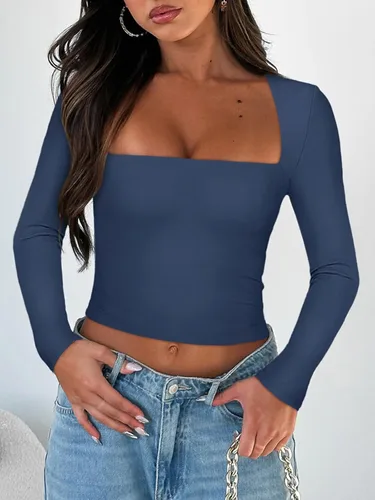 Vista 4 de REORIA Camiseta corta sexy de manga larga con cuello cuadrado para mujer Y2K