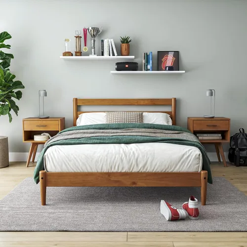 Vista 8 de Camaflexi Mid-Century - Cama de plataforma moderna, madera maciza, cabecera de listones, base de colchón de 10 listones de madera, no necesita Negro