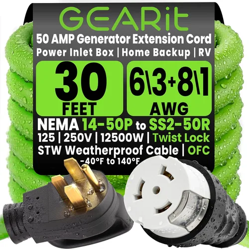 Vista 9 de GEARit - Cable generador de 50 amperios de 15 pies, NEMA 14-50P a SS2-50R, cable de extensión para generador de bloqueo giratorio, STW 6/3+8/1 AWG