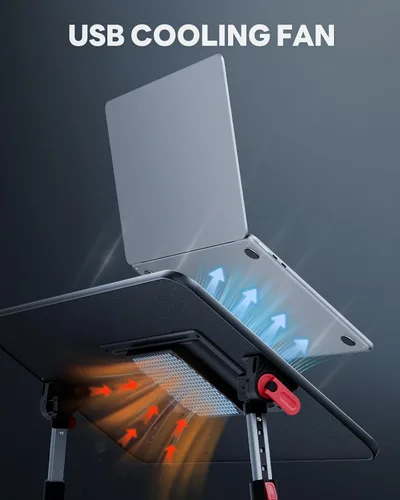 Vista 3 de Mesa para portátil para cama con ventilador de enfriamiento, SAIJI Soporte para portátil ajustable en altura y ángulo para cama, mesa para portátil