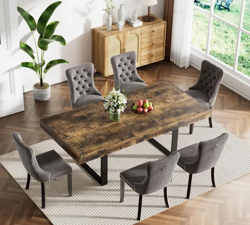 Vista 39 de Juego de mesa de comedor extensible marrón de 63 a 78.74 pulgadas para 4, juego de mesa de comedor de 5 piezas con 4 sillas tapizadas, mesa