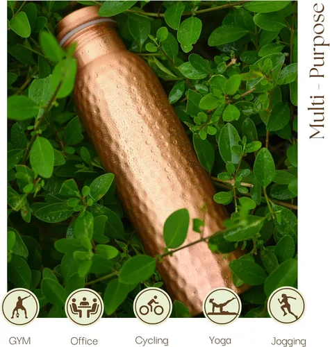 Vista 5 de RAJRANG Botella de agua de cobre puro martillado puro – 1 litro botella ayurvédica a prueba de fugas para hidratación, bienestar