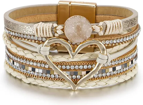 Vista 44 de Fesciory - Pulsera de leopardo para mujer, estilo bohemio de cuero multicapa con perlas de cristal
