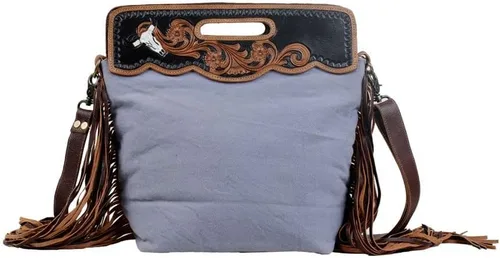 Vista 3 de Bolso cruzado de cuero occidental para mujer, bolso de hombro de lona reciclada con borlas