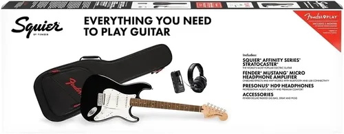 Vista 2 de Fender Affinity Series Stratocaster Mustang Micro Pack, diapasón de laurel, negro, bolsa de concierto, HD9, EE. UU., CA, UE, AU, JP