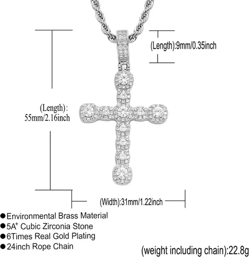Vista 6 de STARCHENIE Collar de cruz de latón chapado en oro, colgante de crucifijo de circonita cúbica, cadena de cuerda de 24 pulgadas, Metal, Circonia cúbica