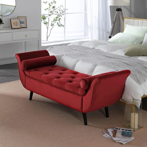 Vista 9 de Banco de terciopelo para dormitorio al pie de la cama, banco otomán tapizado con botones capitoné de 60.5 pulgadas con brazos curvos, otomán