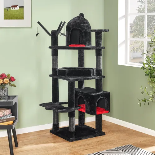Vista 9 de BEWISHOME Árbol para gatos resistente, 63 pulgadas, árboles para gatos grandes, torre gótica para gatos con cama de ataúd, casas para gatos