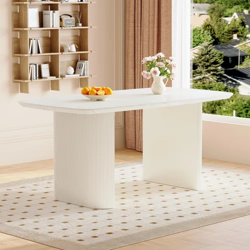 Vista 3 de TesNus Mesa de comedor blanca de 67 pulgadas para 6, moderna mesa de cocina ovalada con esquinas redondeadas, parte superior de mármol sintético