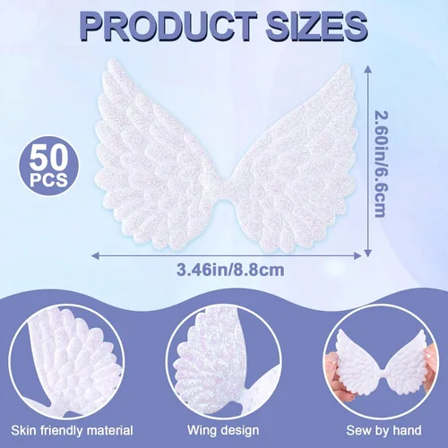 Vista 3 de HINZIC 50 parches de alas de ángel blancas, alas en relieve con purpurina de 3.46 pulgadas para manualidades, apliques bordados, adornos de San