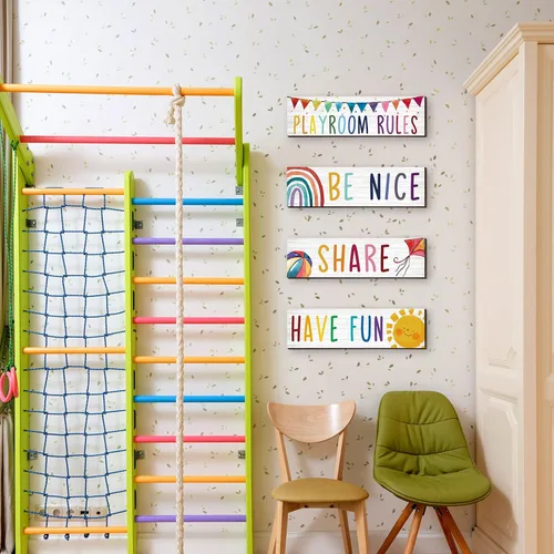 Vista 5 de 4 piezas de madera para sala de juegos para niños, decoración de pared con texto en inglés «Be Nice Share Have Fun», placa de pared colorida
