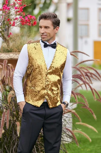 Vista 3 de COOFANDY Chaleco de lentejuelas para hombre, ajustado, chaleco de fiesta de Navidad, chaleco brillante para bodas, bailes, eventos