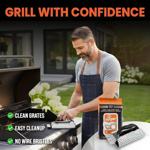 Vista 8 de Proud Grill Q-Swiper - Juego de limpiador de parrilla para barbacoa, 1 cepillo de parrilla con raspador y 25 toallitas de limpieza para parrilla