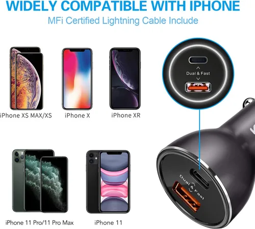Vista 7 de PD Fast Charging Car Charger with MFi Certified USB C Lightning Cable Carplay Cord 3.3ft, VOLPORT Auto Quick Adapter 39W Car Charger Power Delivery