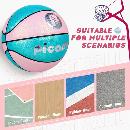 Vista 6 de Picador Glitter Pink Basketball Size 5 6 for Kids 5-7 8-12 Years Old Girls Boys, Indoor Outdoor 27.5 28.5 PU Youth Junior Women Basketballs
