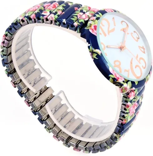 Vista 3 de Azul marino rosas estampado floral cara grande fácil de leer banda elástica extensión reloj de mujer, Movimiento de cuarzo