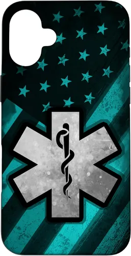 Vista 22 de Funda para iPhone 16 EMT EMS Paramédico Azul Turquesa USA Bandera Americana
