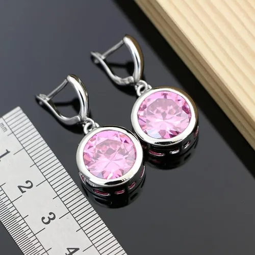 Vista 4 de Juego de joyas elegantes de plata de ley 925 para mujer, aretes de piedra cúbica rosa grande, accesorios de moda, kit de collar