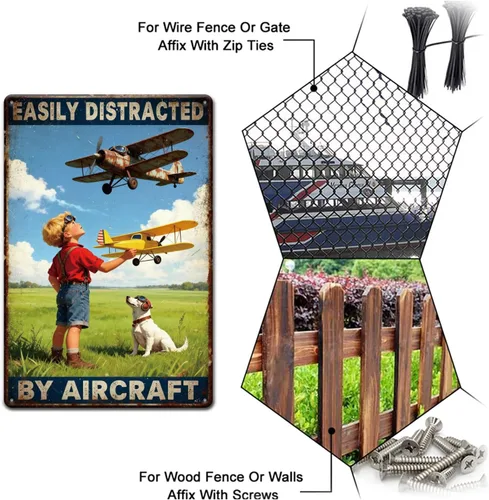 Vista 4 de GLOBLELAND Vintage Airplane Metal Tin Sign 12x8 inch Easily Distracted by Aircraft Tin Signs Retro Plane Metal Wall Poster Plaque for Home Office
