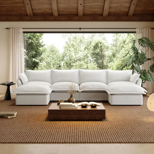 Vista 16 de Sofá modular de mezcla de lino para sala de estar, cómodo sofá modular con relleno de plumón, moderno sofá cama convertible con asiento profundo