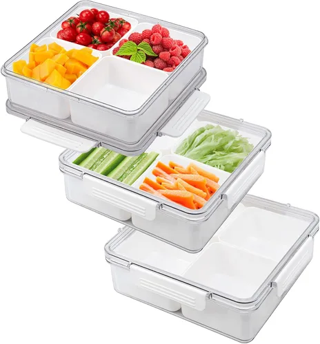 Vista 8 de Paquete de 3 Cajas Snackle Divididas Bandeja para Servir Verduras con Tapa Conservador de Ensaladas con 4 Cajas Removibles Contenedores