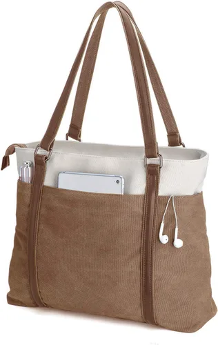 Vista 9 de Laptop Tote Bag for Women, 15.6 Inch Work Bag with Laptop Compartment and Zipper, Canvas Computer Tote for Teacher Negro