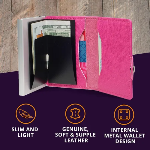 Vista 5 de Conceal Plus - Cartera Card Blocr para mujer, bloqueo RFID, delgada, minimalista, tarjetero, saffiano, poliuretano, rosa