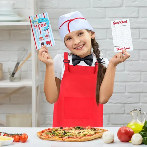 Vista 6 de Keymall Juego de disfraz de camarero para niños, kit de disfraz de proveedor, 6 piezas, delantal, pajarita, guantes, tarjetas para Halloween, juego