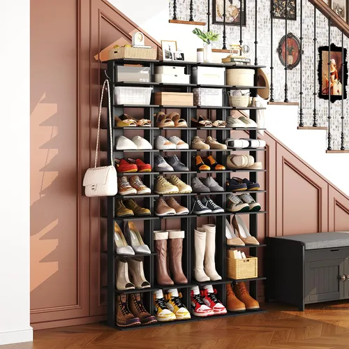 Vista 2 de HOMEFORT Zapatero vertical de 10 niveles, torre de zapatos de esquina, organizador de zapatos delgado con dos ganchos para colgar, soporte
