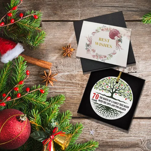 Vista 5 de REWIDPARTY Adorno de cerámica de 70 aniversario, decoración de árbol genealógico de 70 años, recuerdo navideño de señor y señora, decoración