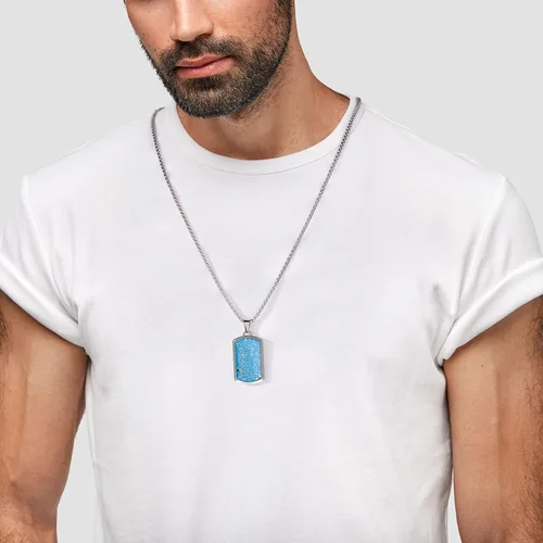 Vista 3 de Lauren-Spencer Collar con etiqueta de perro con piedras preciosas para hombre, acero inoxidable, grabado, azul, sodalita, turquesa, astillas