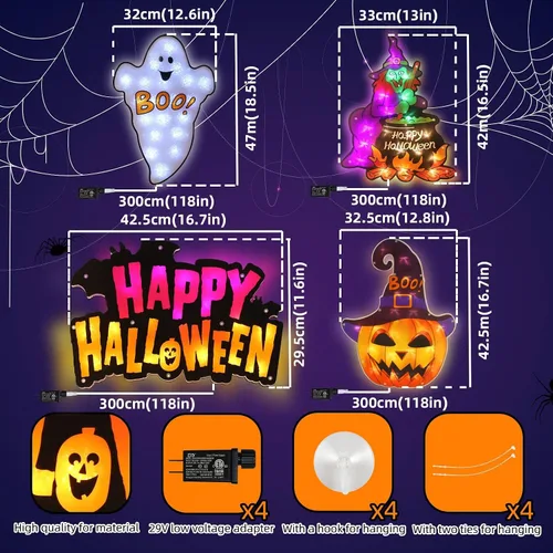Vista 7 de LAMPHOME Paquete de 4 fantasmas iluminados con LED, letrero de Happy Halloween, bruja, Jack-O-Lantern de Halloween, decoración de ventana iluminada