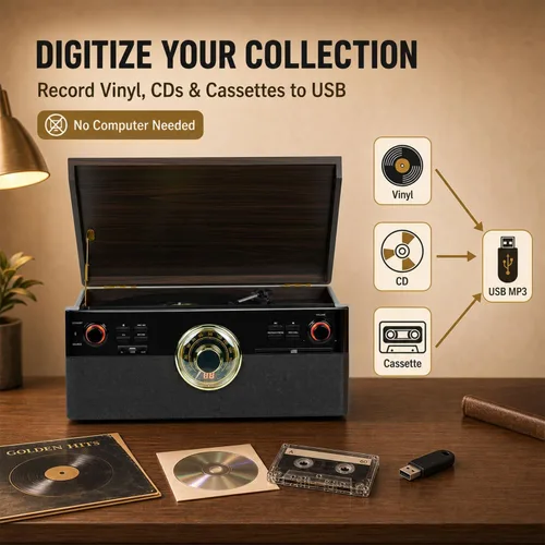 Vista 7 de Reproductor de discos todo en uno con reproductor de CD y cassette, grabación MP3 directa a USB, Bluetooth, radio FM, tocadiscos de 3 velocidades