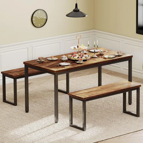 Vista 3 de soges Juego de mesa de cocina con 2 bancos, juego de mesa de comedor para 4, mesa de comedor de 3 piezas y bancos largos, juego de mesa de café