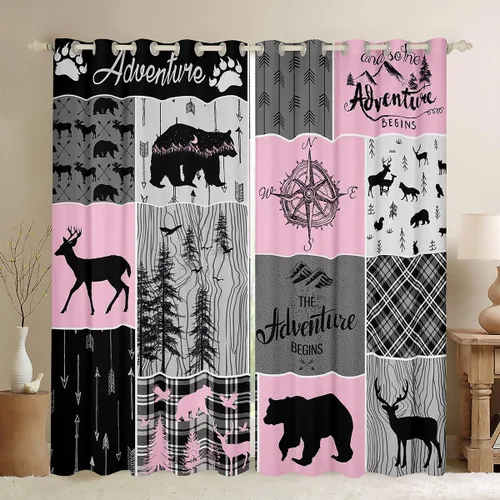 Vista 9 de Cortinas rústicas retro de cabaña, cortinas opacas de oso ciervo, 38 pulgadas de ancho x 45 pulgadas de largo, 2 paneles, cortinas de caza