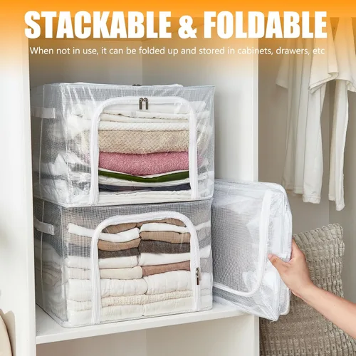 Vista 3 de Contenedores de almacenamiento de ropa apilables transparentes con marco de metal, caja de almacenamiento plegable con tapa, organizador de armario