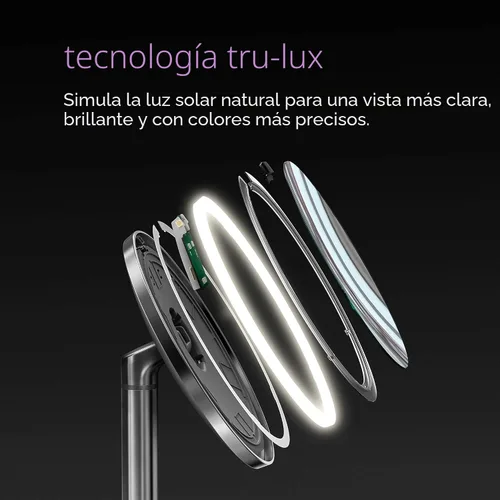 Vista 5 de simplehuman Espejo con sensor, espejo de maquillaje iluminado con aumento (5X), espejo redondo de 8 pulgadas con lupa con luces, inalámbrico, acero