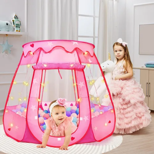 Vista 5 de TooyBing Tienda de campaña desplegable de princesa con luz de estrella, juguetes para niñas de 1, 2, 3 años, regalo de cumpleaños, pozo de pelotas