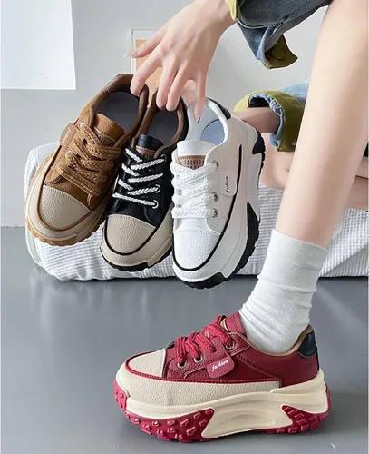 Vista 6 de DXNXIG Tenis casuales suaves de cuero para mujer, zapatos deportivos de plataforma con cordones, antideslizantes, absorben los golpes, elevan