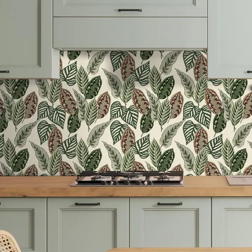 Vista 3 de VaryStyle Papel tapiz de hojas de palma tropicales de 17.7 x 118 pulgadas, color verde/beige, hojas de palmera botánicas, despegar y pegar, papel
