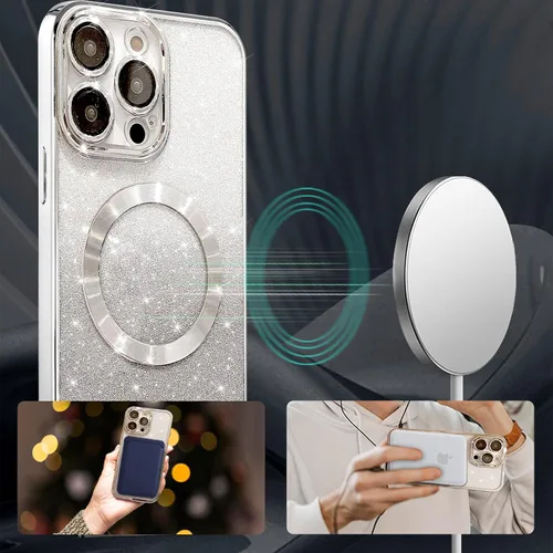 Vista 4 de Funda magnética Gardient con purpurina para iPhone 15 Pro Max, bonita funda chapada compatible con MagSafe para mujeres y niñas, protector de cámara